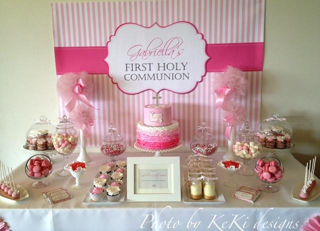 Girl's Pink and White First Holy Communion Party Table