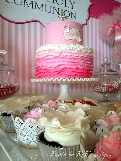 Girl's Pink and White First Holy Communion Cake