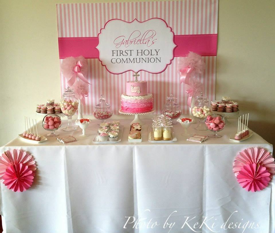 Pink and White Holy Communion Candy Buffet Ideas | Little Dimple Designs