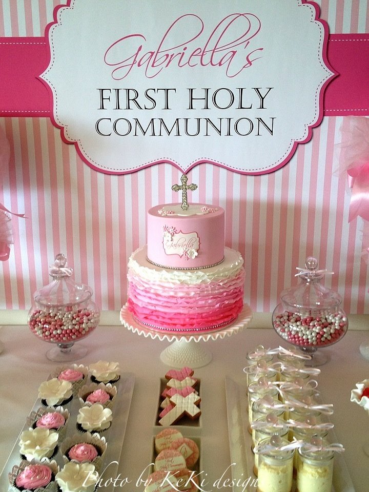 Girl's First Holy Communion Pink and White Backdrop and Cake