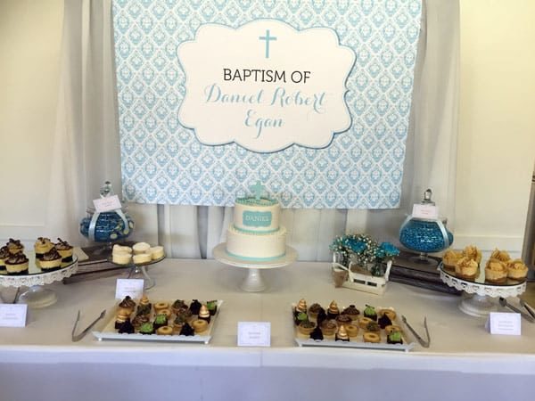 Blue Damask and Grey Boy's Baptism Backdrop and Food Labels