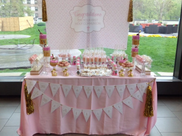 First Holy Communion Backdrop in Pink Damask & Gold Glitter