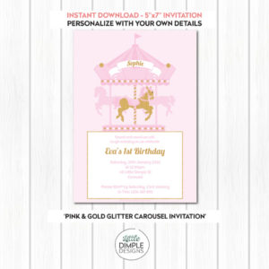 Carousel Party Invitation in Pink and Gold Glitter