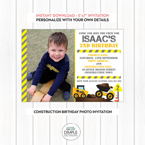 Construction Birthday Invitation with Photo