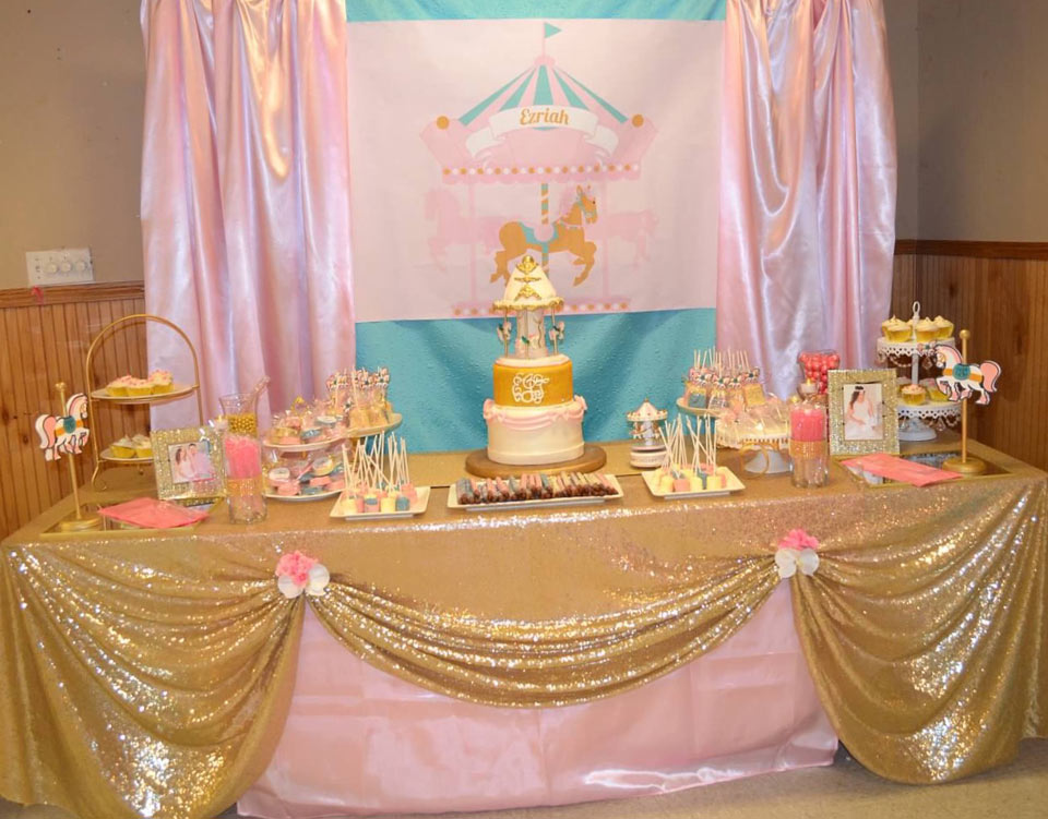 Pink, Gold and Turquoise Carousel Baby Shower Backdrop